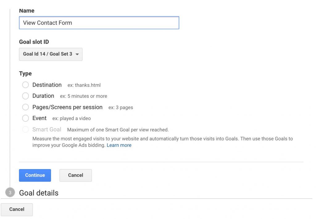 Setting up a contact form page view goal in Google Analytics