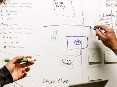 Photo of a whiteboard with UX design - it's a collaborative effort! - tips by LYF Solutions - photo by kaleidico