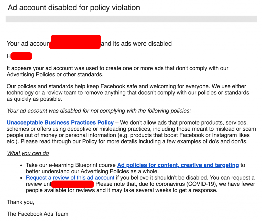 Example of an email a client received for a facebook ad account being disabled due to policy reasons