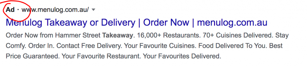 A search engine result page shows a Google Ads listing to order Chinese takeaway online. The word “Ad” is circled to differentiate it from an organic result.