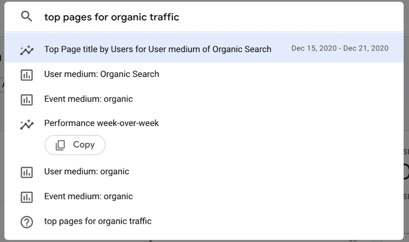 Top pages for organic traffic query in GA4 AI search bar