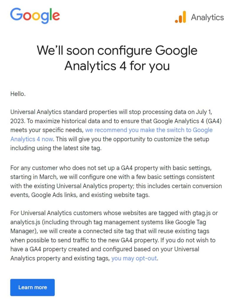 We'll soon configure Google Analytics 4 for you email from Google February 2023