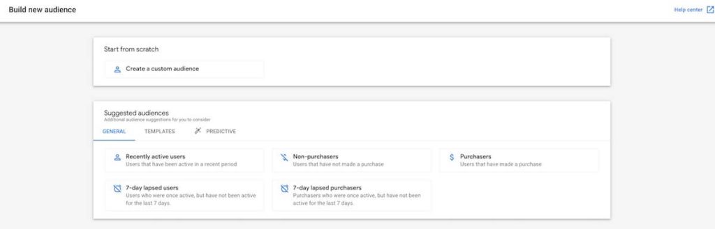 Google Analytics 4 audience builder tool with preset and custom options for marketing use
