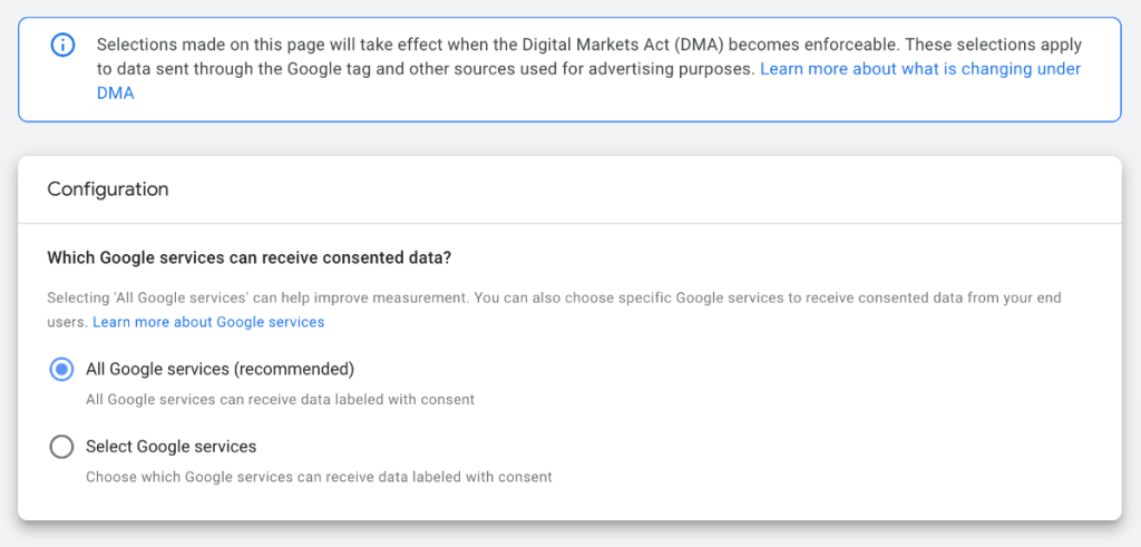 Select which services from Google can receive consented data in GA4 settings