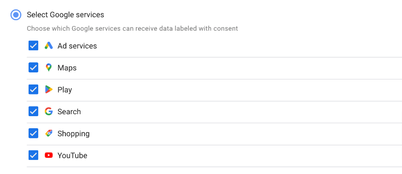 Checkbox to select which Google services you allow to have labeled consent data